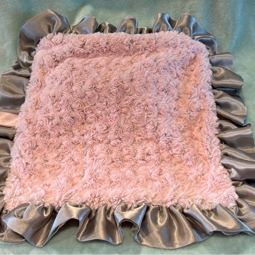 Little Yellow Chick Gray Pink Lovey Blanky Satin Tule Ruffle Edge 17" Square - Picture 5 of 7